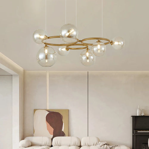 lustre design boule de verre et barre ronde métallique - vue 3 sur 12