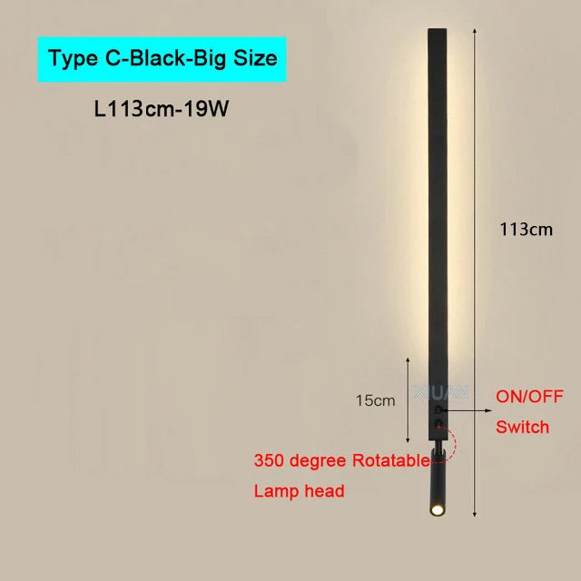 Modern Bedroom Living Room Wall Light ON/OFF Switch AC220V Black White Long Wall Lamps with LED Spotlights - vue 11 sur 18