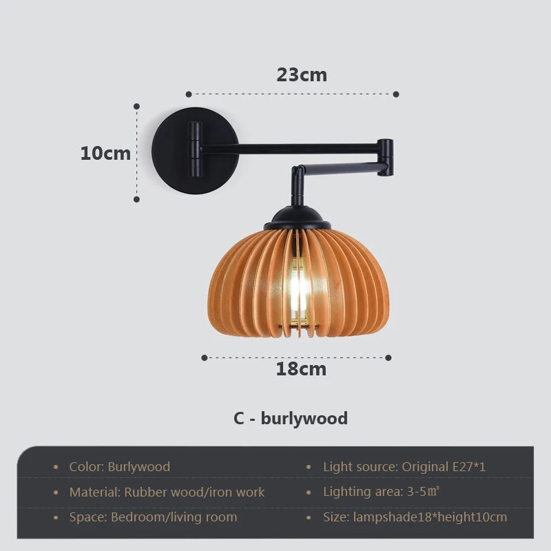 applique murale rotative en bois avec bras pivotant réglable - vue 12 sur 18