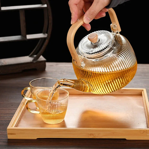 Theiere verre borosilicate filtre integre anse bois design - vue 5 sur 6