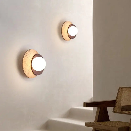 Japanese style Wabi-sabi Round Wall Lamps for Living Room Bedside Aisle Stair Entrance Decor Yellow Cave Stone Solid Wood Light - vue 3 sur 8