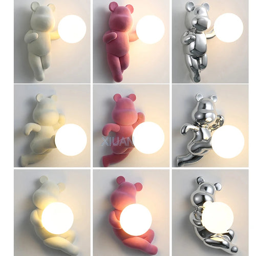 Chrome White Pink Bear Lights Art Design Bedroom Bedside Wall Lamps Resin Animal Glass Sconces Living Room Decorative Wall Light - vue 7 sur 18