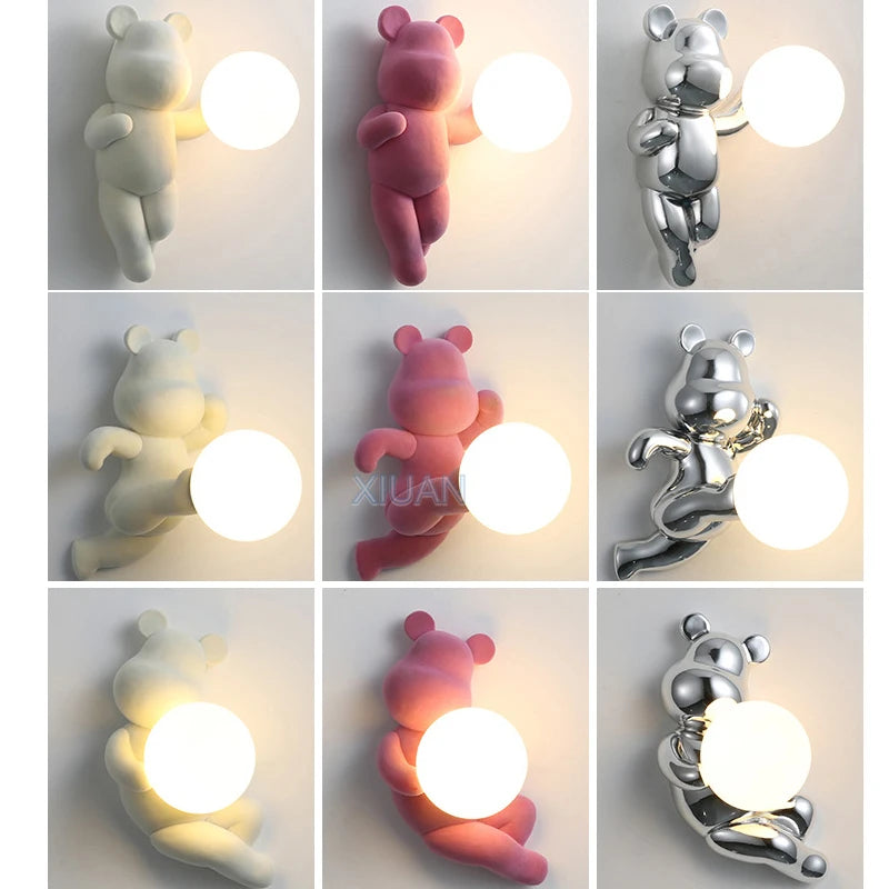 Chrome White Pink Bear Lights Art Design Bedroom Bedside Wall Lamps Resin Animal Glass Sconces Living Room Decorative Wall Light - vue 6 sur 18