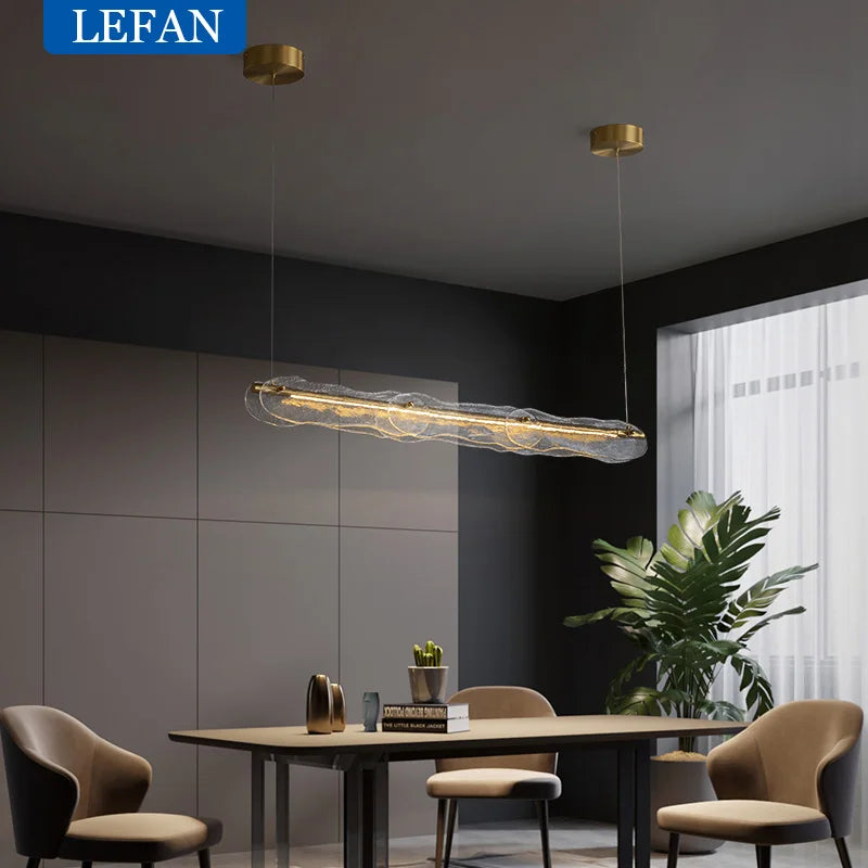 Lustre moderne allcopper lumière luxe créatif longue bande minimaliste bar salle à manger comptoir eau motif Suspension en verre - vue 3 sur 7