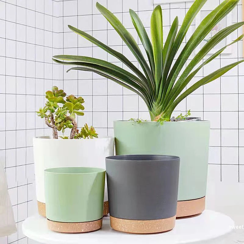 grand pot circulaire en plastique pour plantes d'intérieur avec drainage et plateau - vue 1 sur 15
