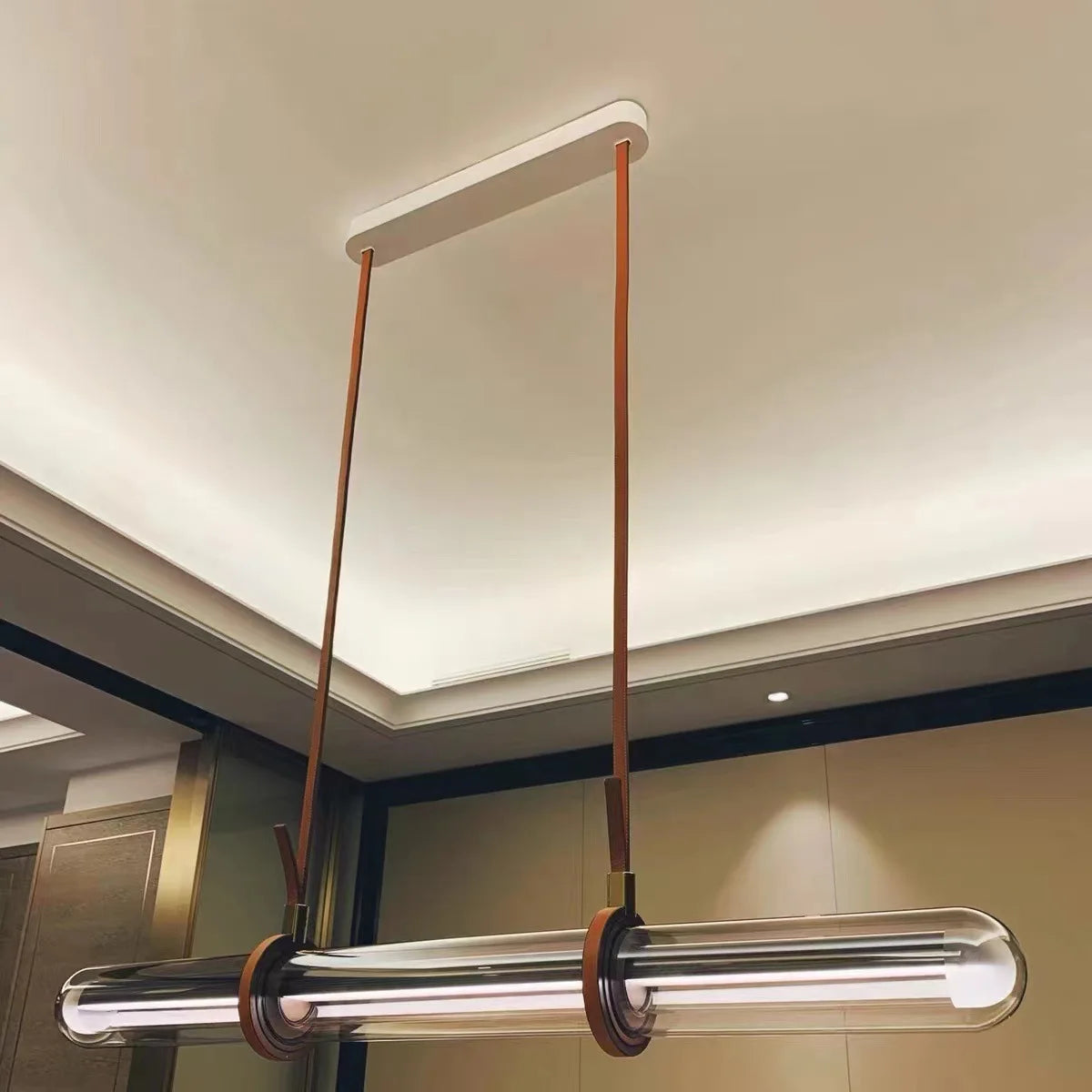 lustre long design moderne décoration maison led luxe cuir verre - vue 5 sur 7