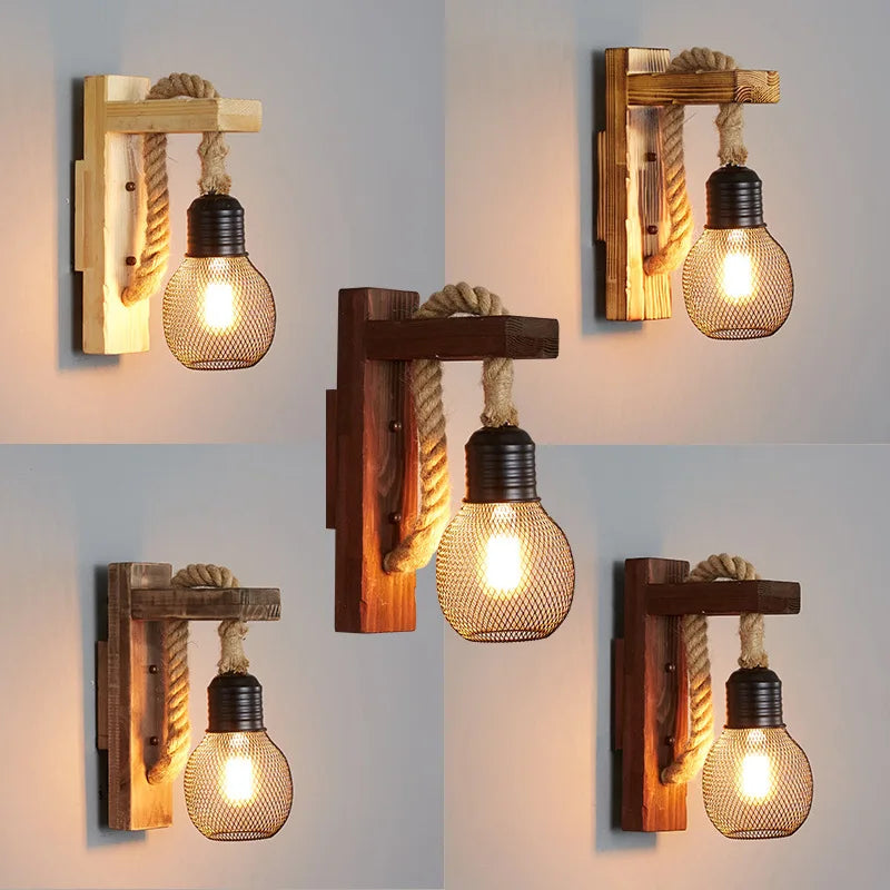 applique murale loft industriel vintage en bois avec corde de chanvre
