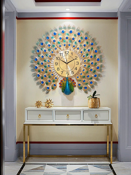 horloge murale silencieuse en métal motif paon décorative intérieure - vue 3 sur 7