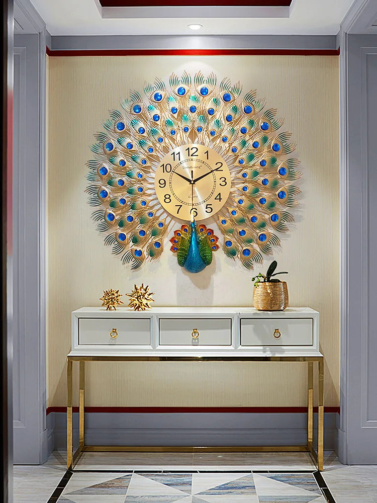 horloge murale silencieuse en métal motif paon décorative intérieure - vue 3 sur 7
