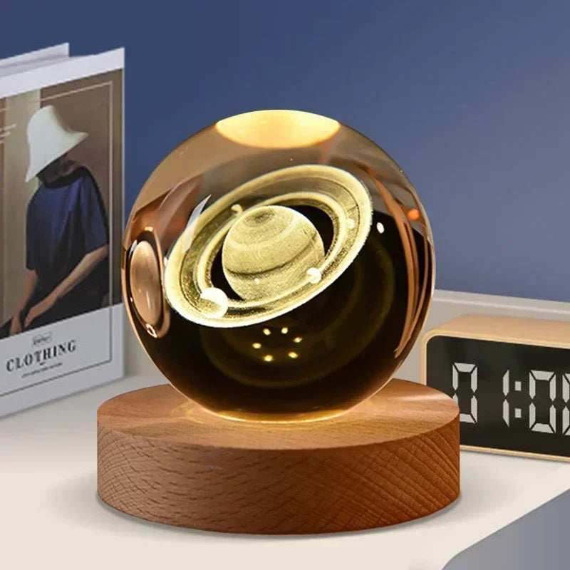 veilleuse 3D en cristal système solaire cadeau décoratif en bois - vue 6 sur 16