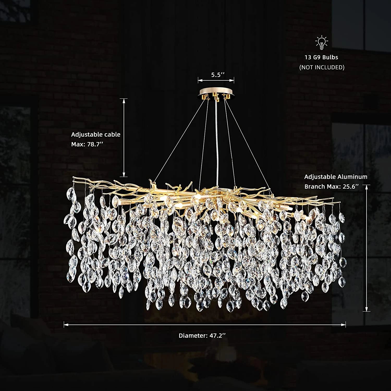 lustre en cristal de luxe avec branches led pour intérieur moderne - vue 11 sur 14