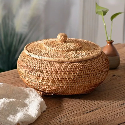 Panier boîtes rondes en rotin avec couvercle pour rangement polyvalent - vue 3 sur 6