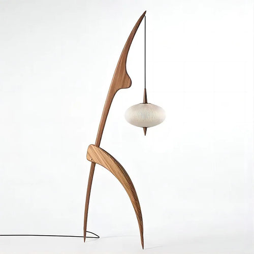 lampadaire design en bois noyer avec lampe suspendue - vue 6 sur 10