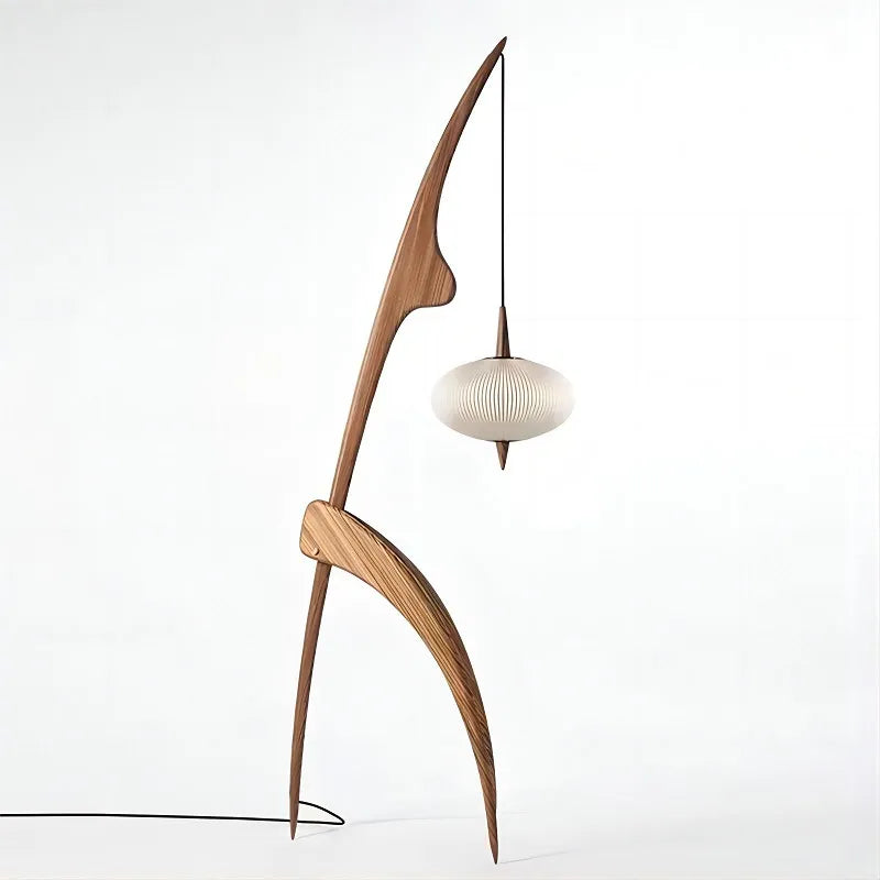 lampadaire design en bois noyer avec lampe suspendue - vue 5 sur 10