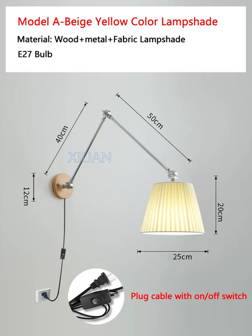 Nordic Shiftable Rocker Arm Wall Lamps Fabric Lampshade Dining Table Wall Light for Bedside Study Reading Lighting ON/OFF Switch - vue 14 sur 14