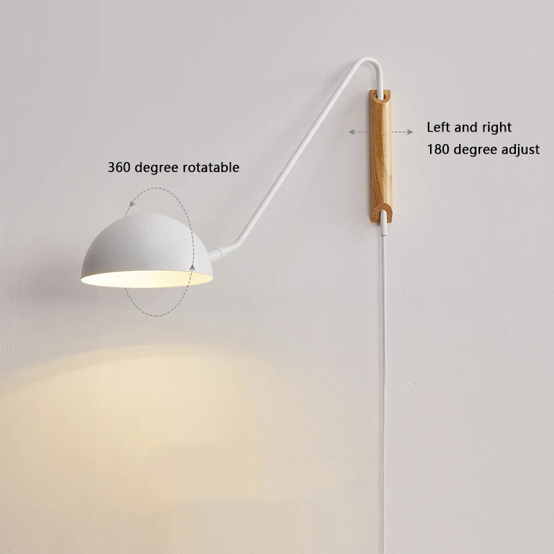 Nordic Bedroom Bedside Wall Lamps Plug In Wall Sconce Black White Iron Lampshade Swing Long Arms Wall Mounted Light E27 - vue 5 sur 14