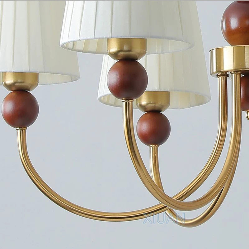 lustre led vintage américain en tissu plissé et bois wabi-sabi - vue 5 sur 12