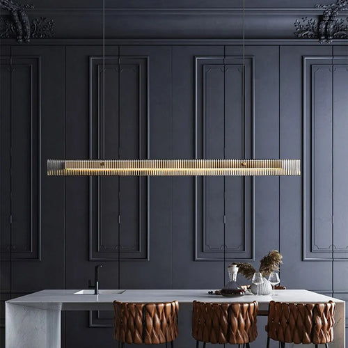 Lustre design de luxe en acier inoxydable et cristal minimaliste longue bande - vue 3 sur 8