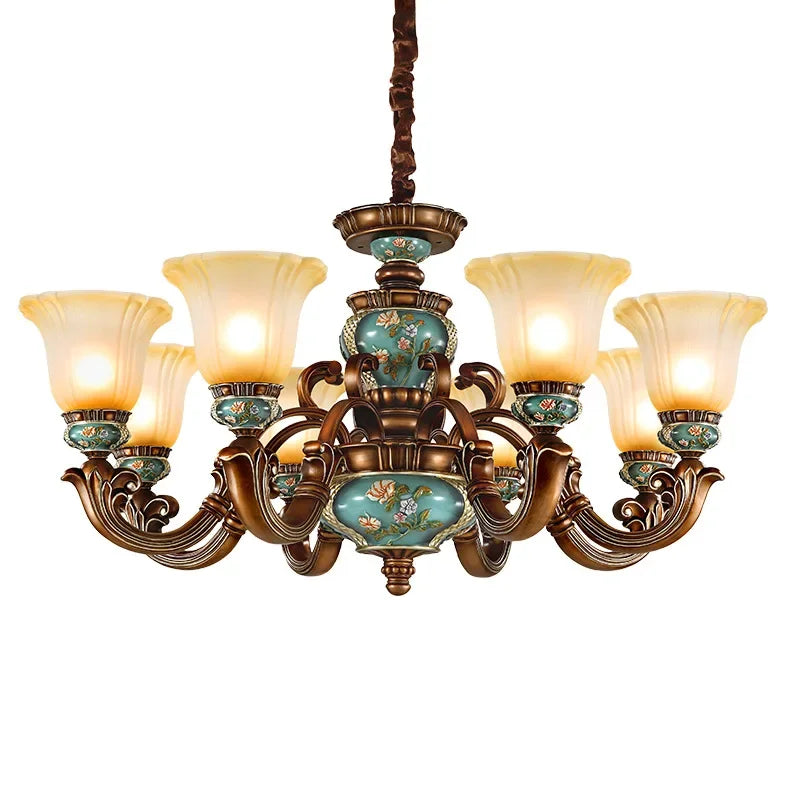 European style bedroom light, living room resin chandelier, LED glass and iron art chandelier - vue 5 sur 12