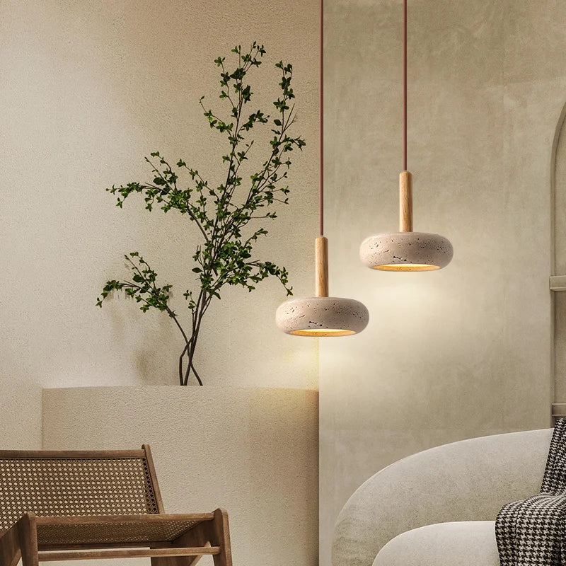 lustre led en travertin avec suspension en pierre naturelle - vue 3 sur 6