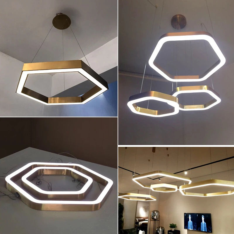 Hexagone Design Led Lustre Moderne De Luxe En Acier Inoxydable Lampe Salon Suspension Luminaire Décor À La Maison Escalier Plafond Lustre - vue 4 sur 14