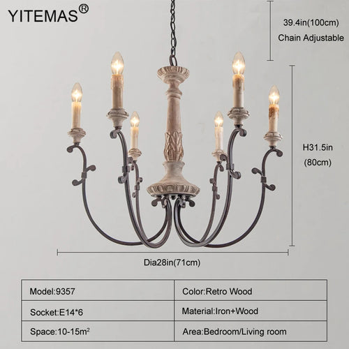 Lustre en bois rétro 4 lumières dans l'entrée chambre 6 lumières lustre français Style Vintage pour salon Foyer lampe à manger - vue 9 sur 8