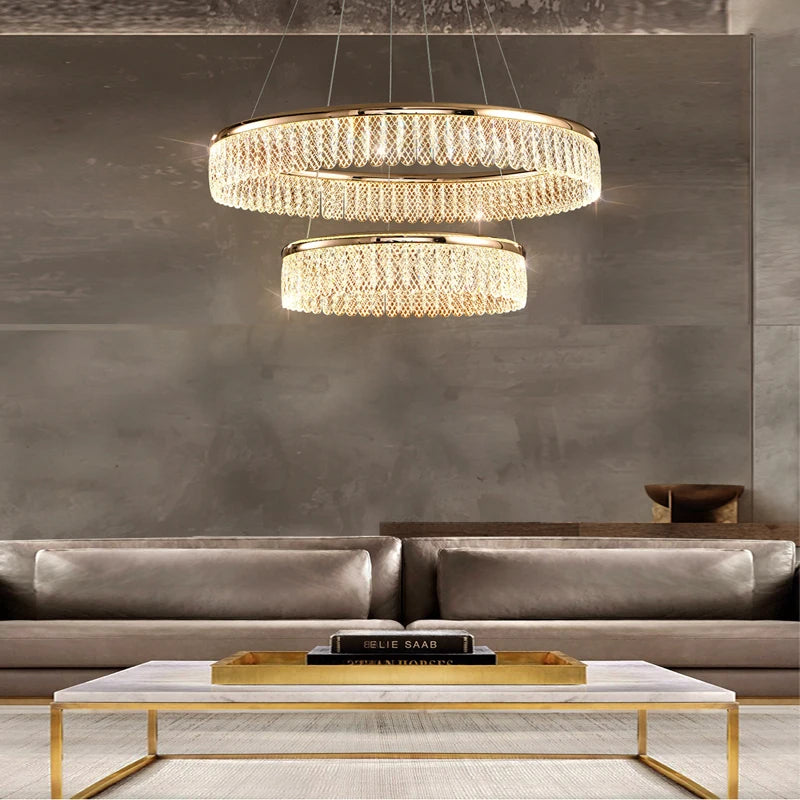 lustre led en cristal losange rond à plusieurs anneaux luxueux