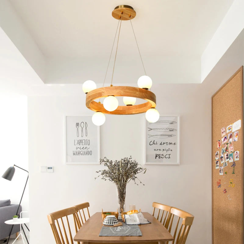 Lustre design Nordic rond en bois anneau - vue 3 sur 13