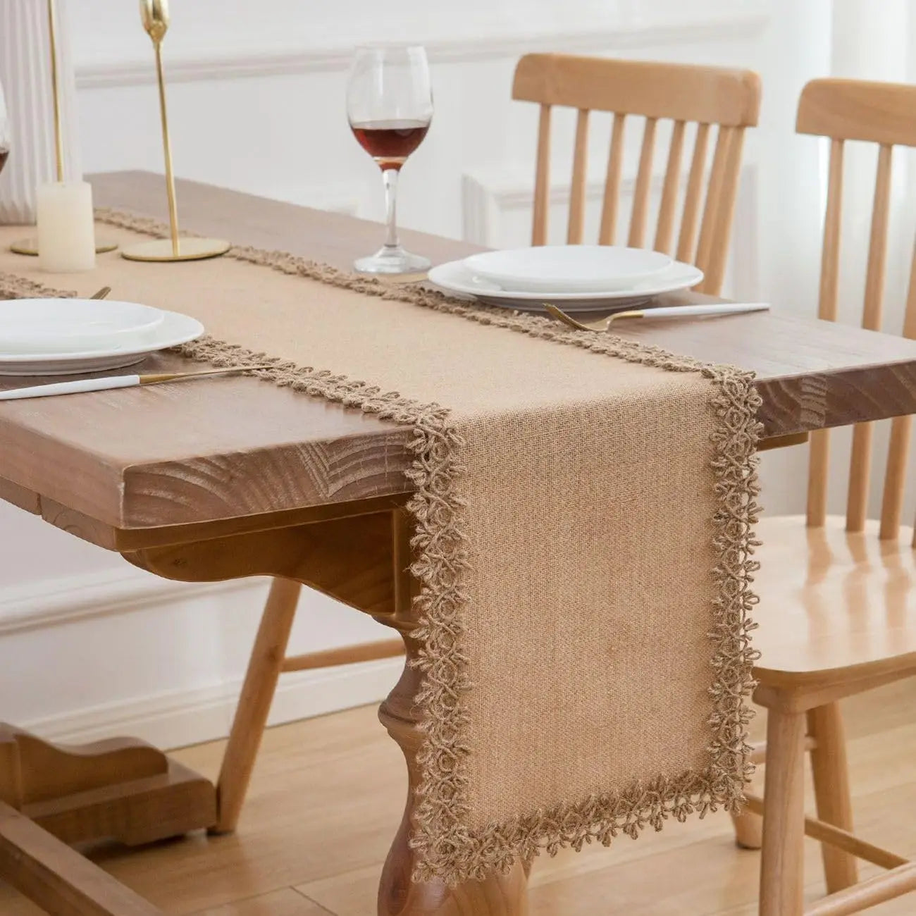 Chemin de table jute macramé style rustique beige - vue 4 sur 7