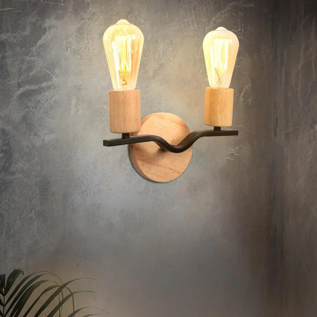 Applique murale deux têtes bois fer loft - vue 3 sur 8