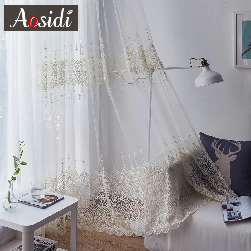 Voilage brodé tulle transparent style moderne salon chambre - vue 3 sur 7