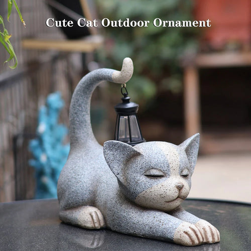 statue de jardin chat avec lanterne solaire décorative pour extérieur - vue 3 sur 8