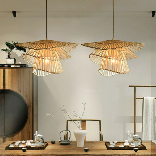 lustre led en bambou rotin créatif pour décoration maison - vue 5 sur 9