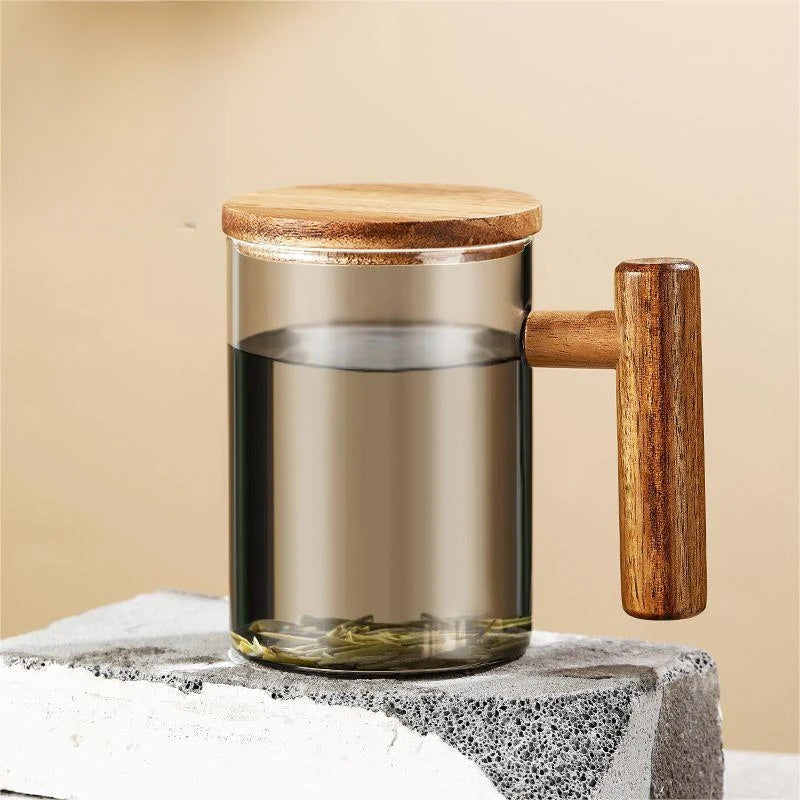 tasse en verre borosilicate avec poignée en bois et couvercle - vue 6 sur 8