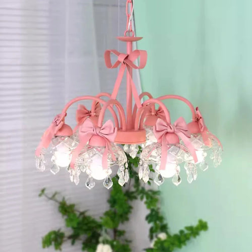 lustre mignon pour chambre de petite fille avec nœud rose en cristal - vue 3 sur 9