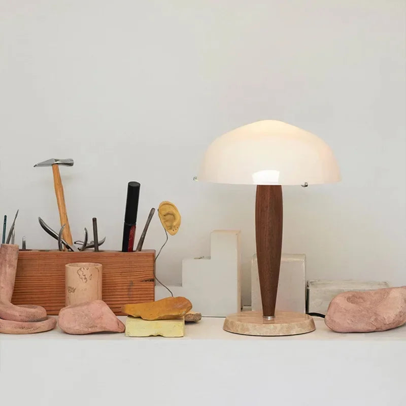 Denmark&Traraditino Herman SHY3 Walnut Wood Desk Lamp Table Light Marble Base Glass Shade - vue 3 sur 7