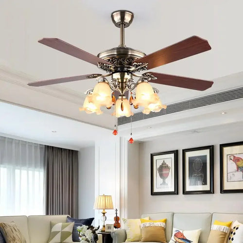 plafonnier ventilateur en bois rétro avec lumière et télécommande - vue 5 sur 7