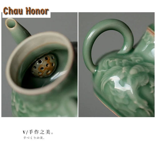 Théière céladon yue kiln dragon phénix relief filtre - vue 6 sur 7