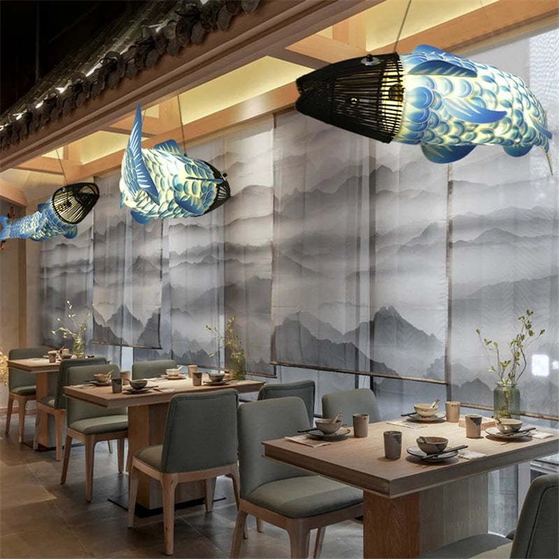 lustre en bambou style chinois créatif avec gros poisson - vue 6 sur 12