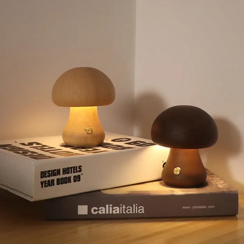 Lampe led champignon veilleuse en bois avec interrupteur tactile - vue 3 sur 11