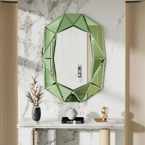 miroir mural décoratif asymétrique en verre argenté avec détails biseautés - vue 2 sur 9