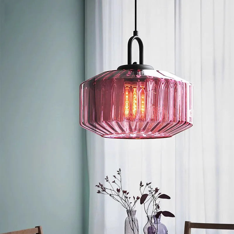 lustre rétro suspendu en verre avec lumière led décorative - vue 3 sur 9