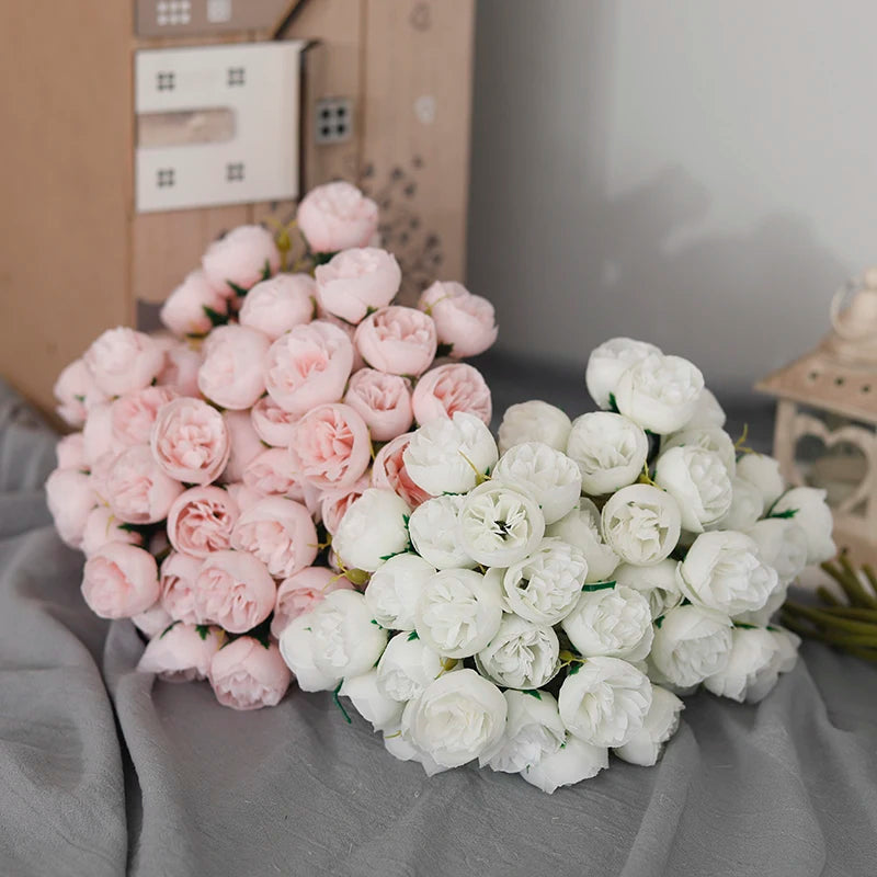bouquet de 27 roses et pivoines artificielles en soie décoratif - vue 5 sur 12