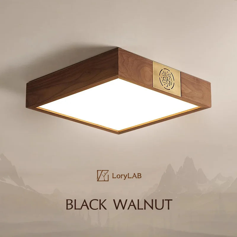 Walnut Wood Square Zen, Wabi-sabi Modern Vintage style, Ceiling light for Living Room, Bedroom, dining Room, Study Room - vue 1 sur 8