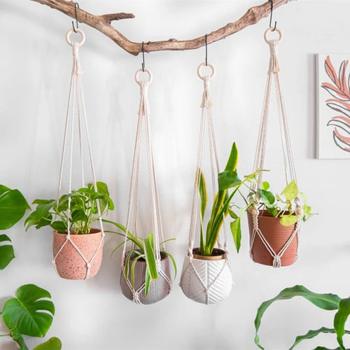 support de plante en macramé suspendu fait main en coton naturel - vue 3 sur 23