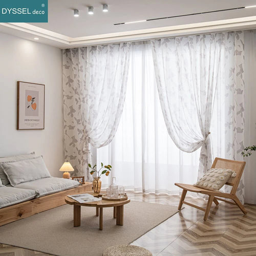 Voilage texture lin motif feuilles erable style champetre - vue 5 sur 6