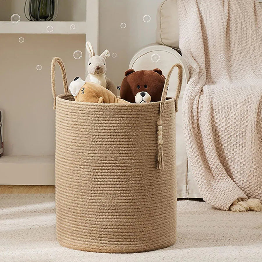 grand panier de rangement tissé avec poignées pliable pour jouets et linge - vue 3 sur 9