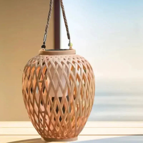 lanterne solaire extérieure en tissage imitation bambou pour jardin - vue 2 sur 7