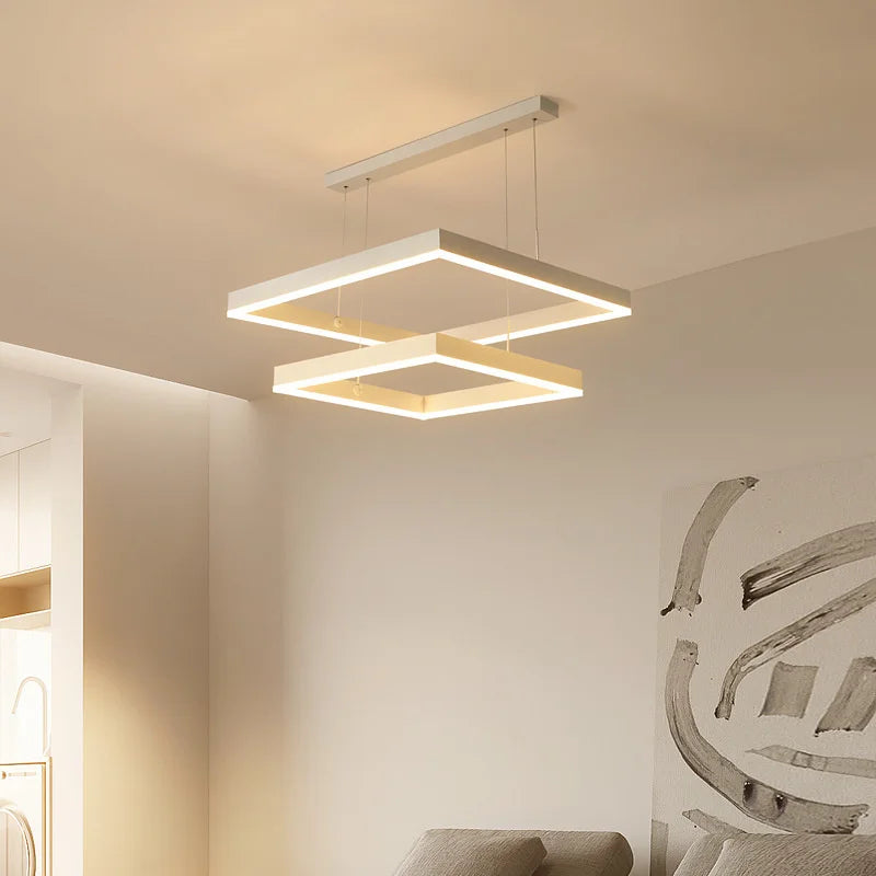 Modern Square LED Chandelier, White Living Restaurant, Kitchen, Bedroom, Rectangular Chandelier, Chandelier - vue 4 sur 11