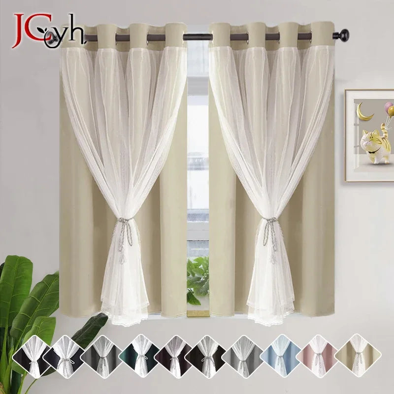 Rideau occultant court double couche style moderne carreaux - vue 1 sur 8